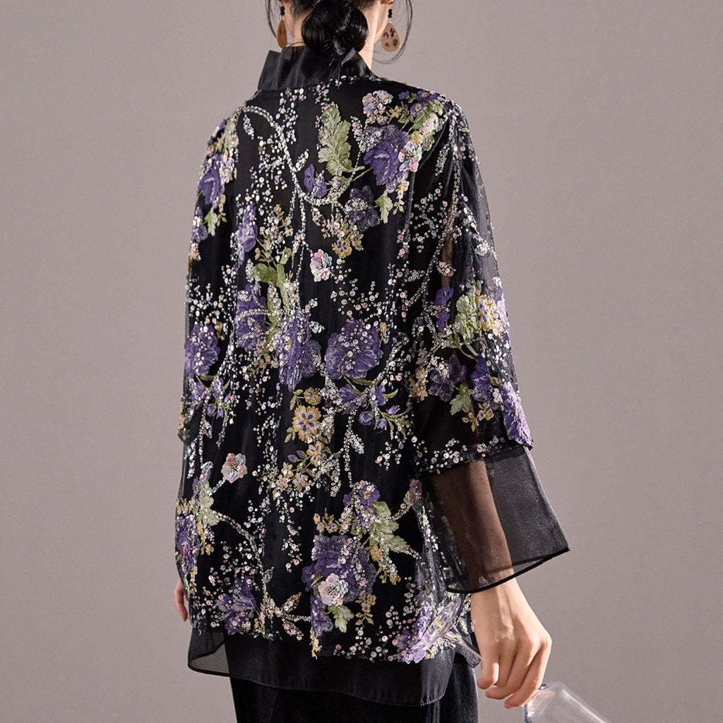 Embroidery Flowers Black Cardigan Top