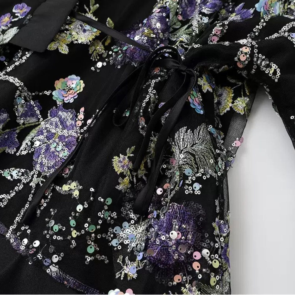 Embroidery Flowers Black Cardigan Top