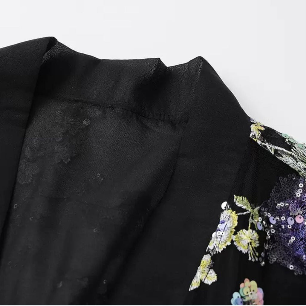 Embroidery Flowers Black Cardigan Top