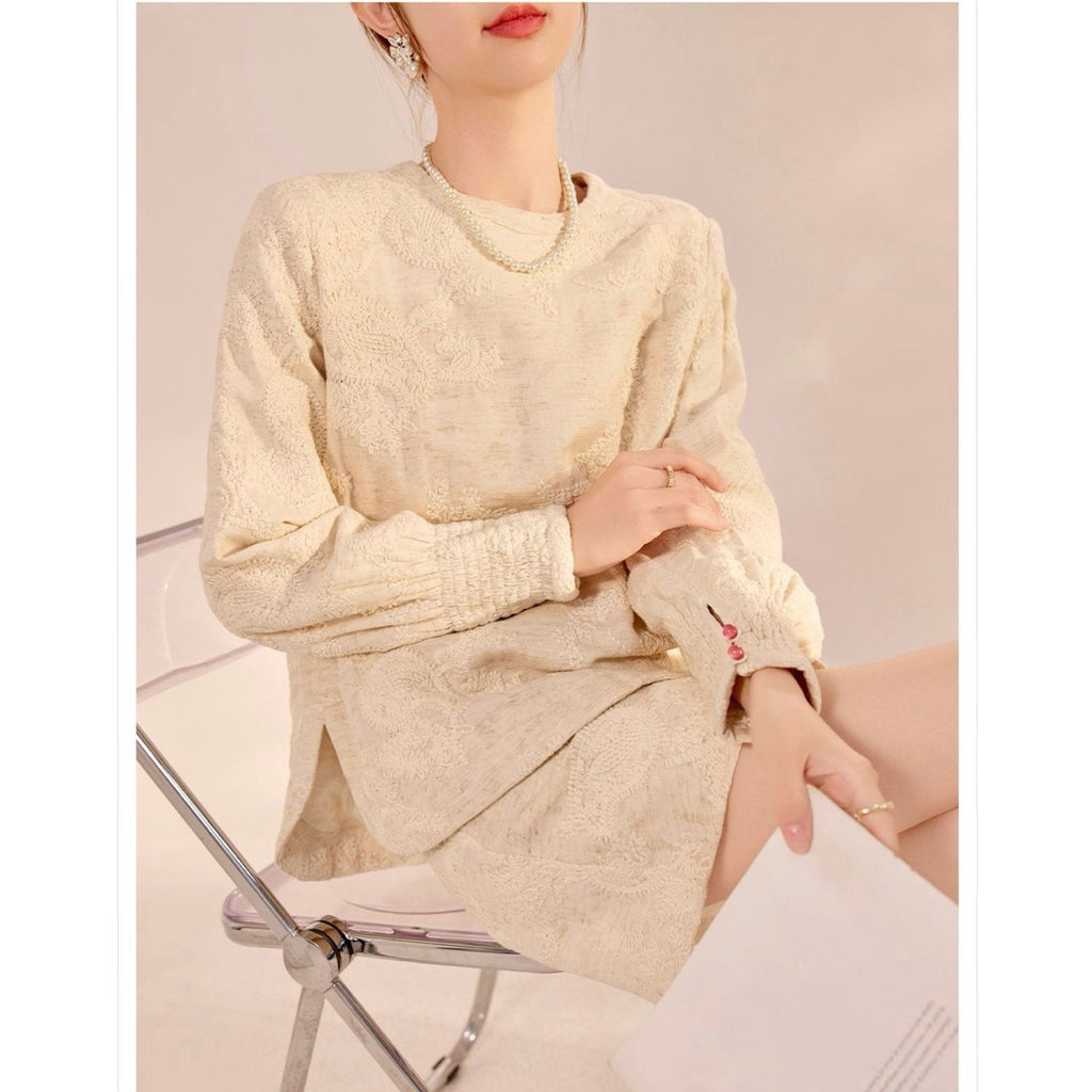 Textured Embroidered Linen-Blend Blouse