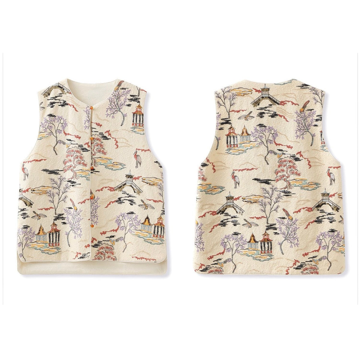 Embroidered Oriental Style Painting Stitching Vest Cream Yellow