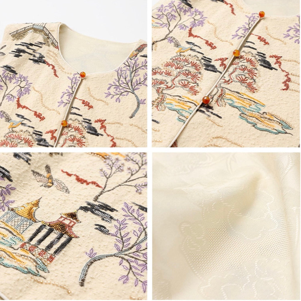 Embroidered Oriental Style Painting Stitching Vest Cream Yellow