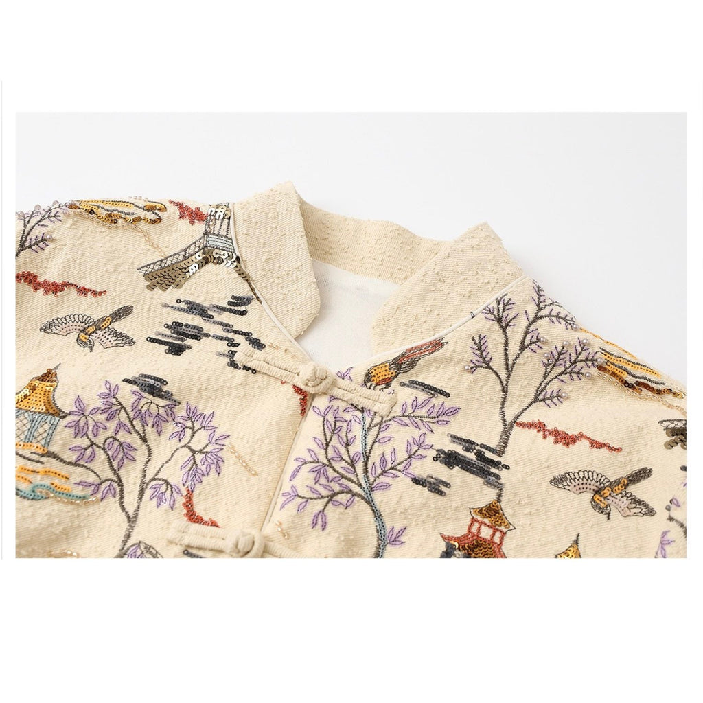 Embroidered Oriental Style Painting Stitching Short Coat All Seasons
