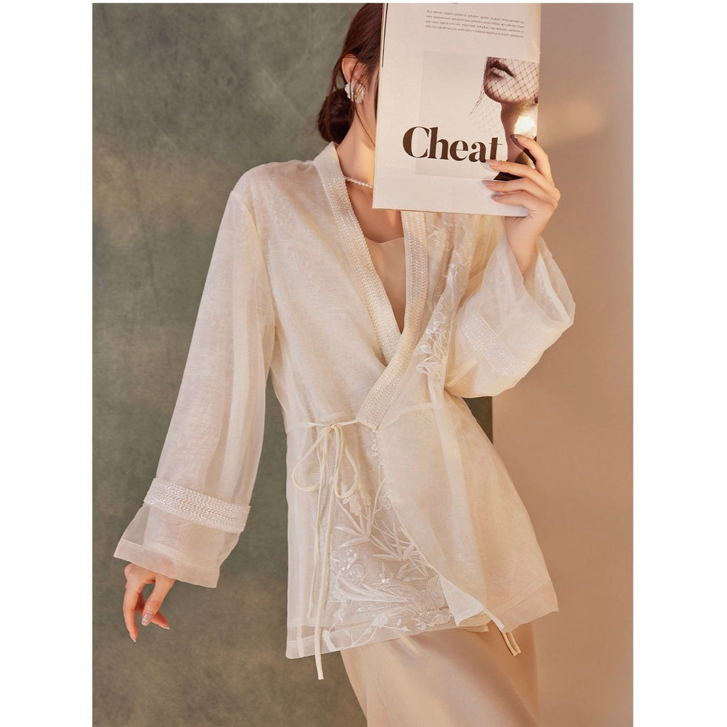 Embroidered Minimal White Floral Cardigan Top