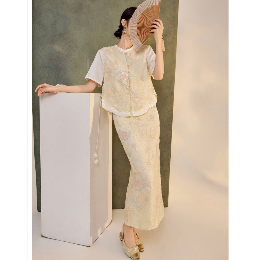 Embroidery Cream Pink Wedding Skirt