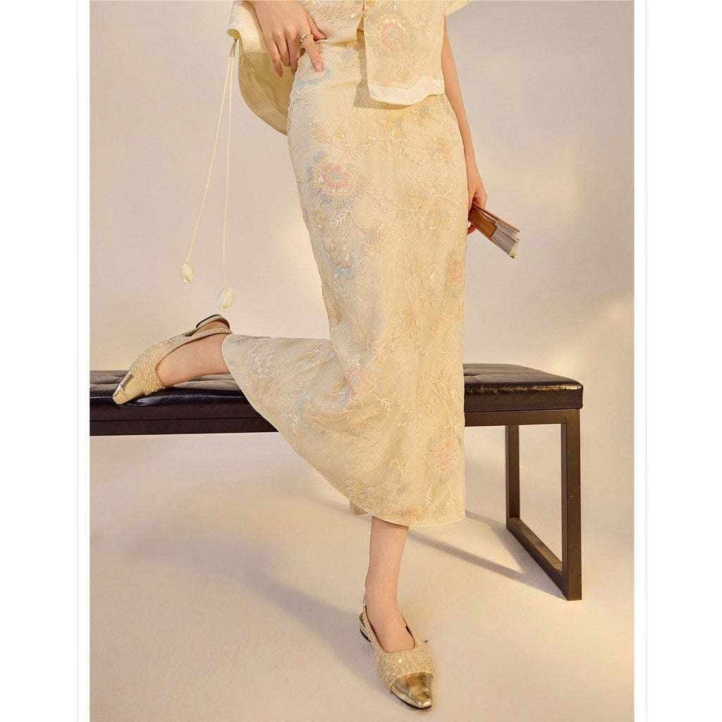 Embroidery Cream Pink Wedding Skirt