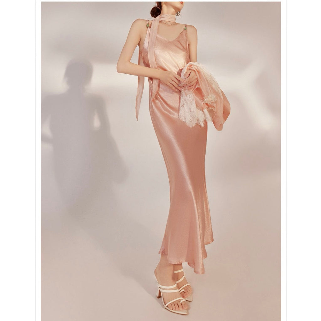 Slim-Fit Silk Pink Long Dress