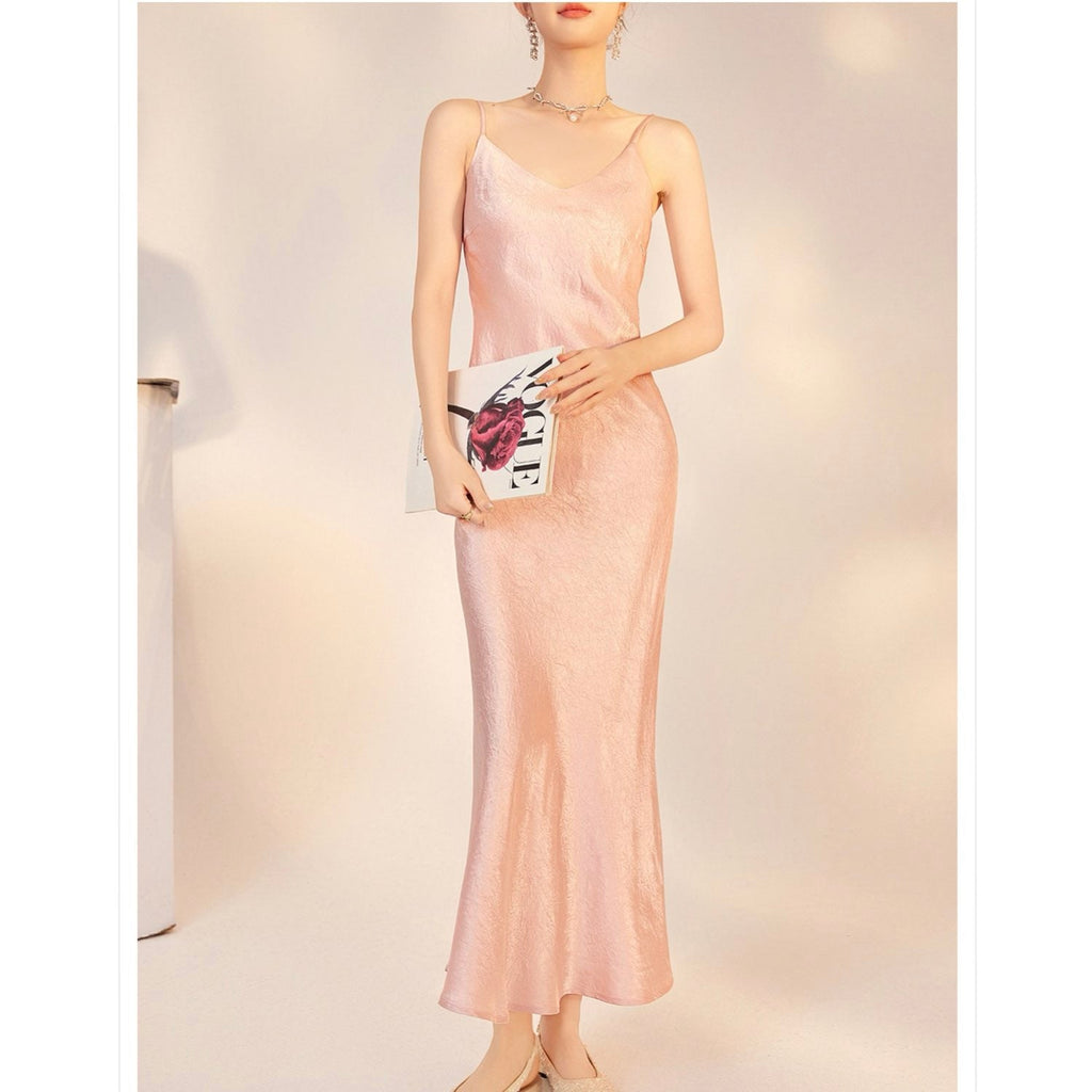 Slim-Fit Silk Pink Long Dress