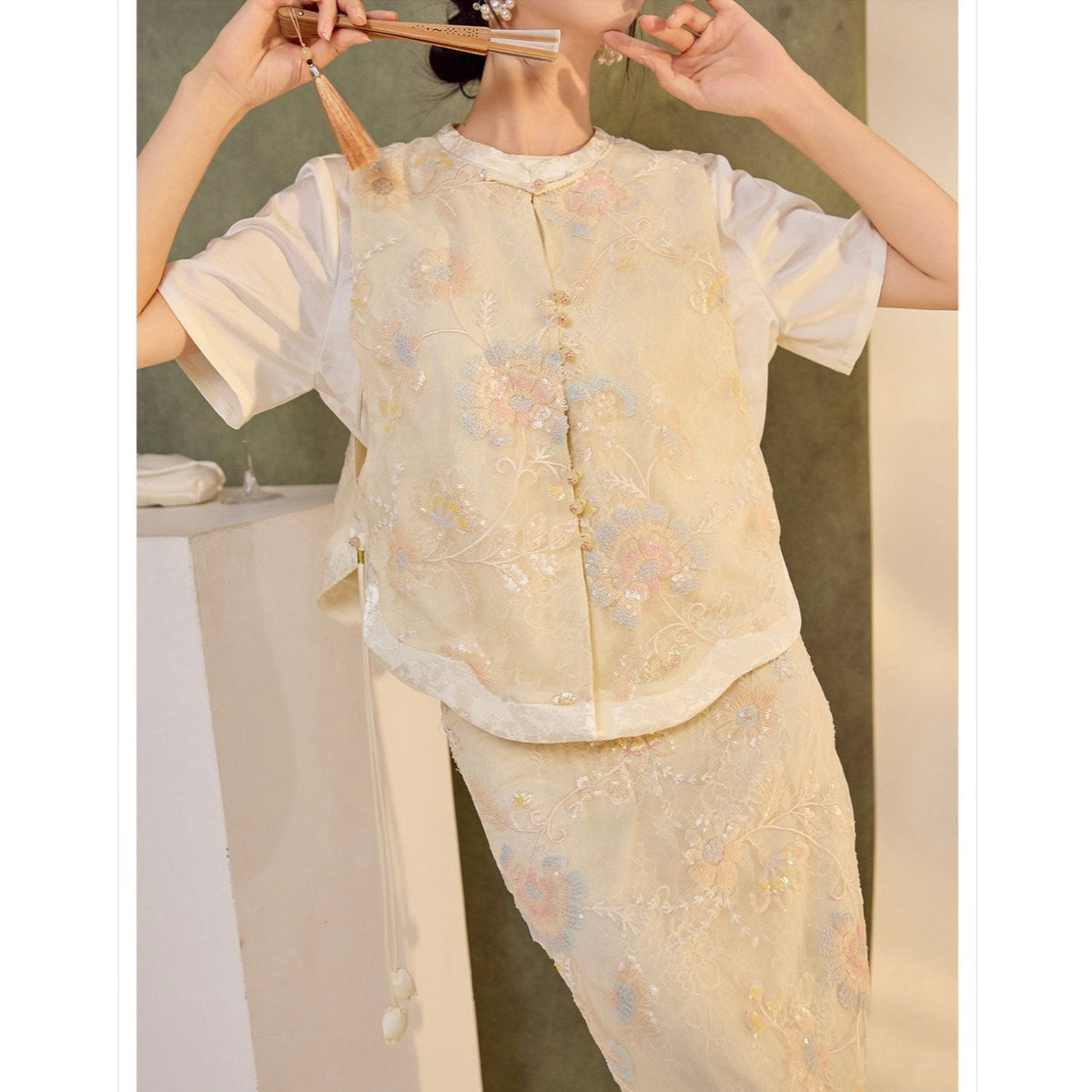 Embroidery Cream Pink Wedding Skirt