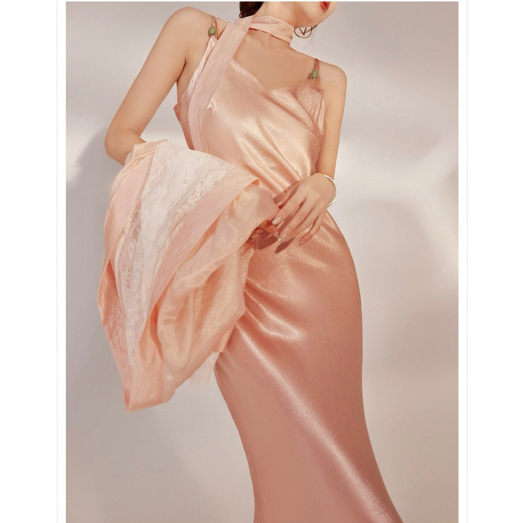 Slim-Fit Silk Pink Long Dress