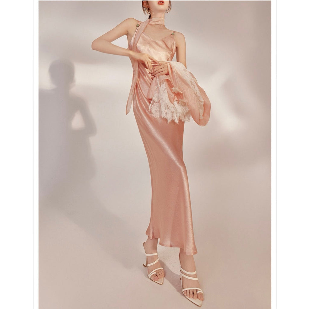 Slim-Fit Silk Pink Long Dress