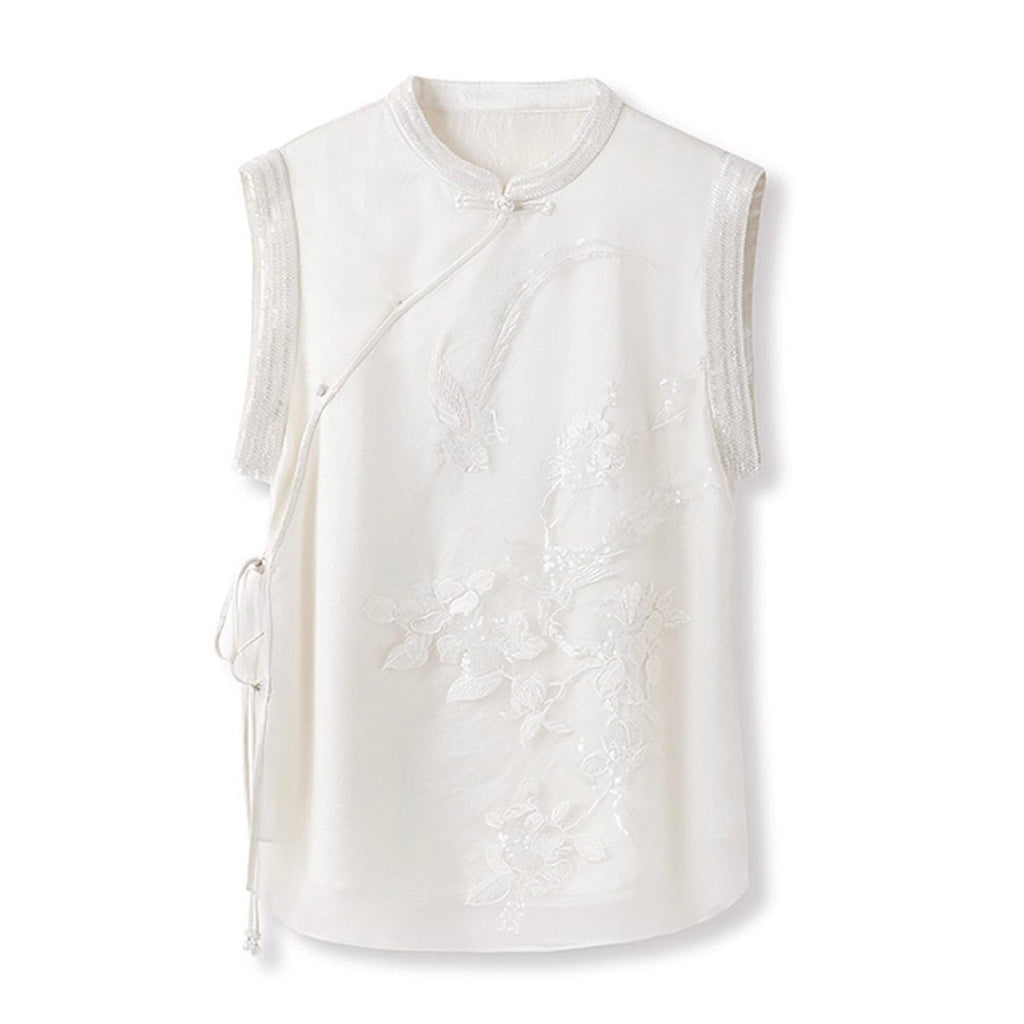 Embroidered White Mulberry Silk Floral Vest
