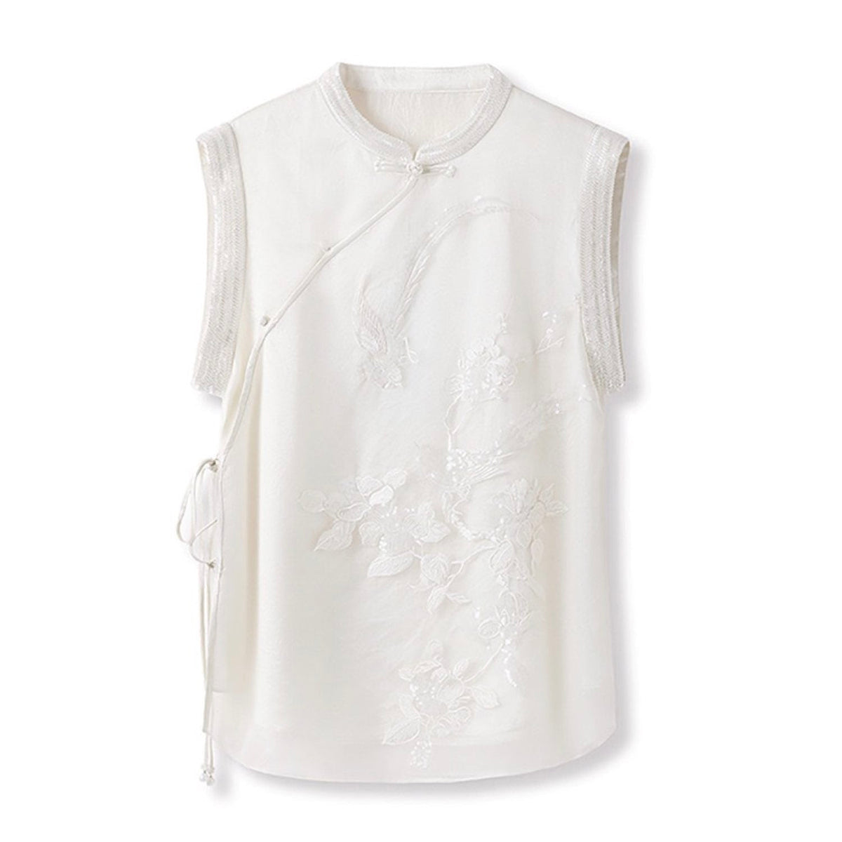 Embroidered White Mulberry Silk Floral Vest