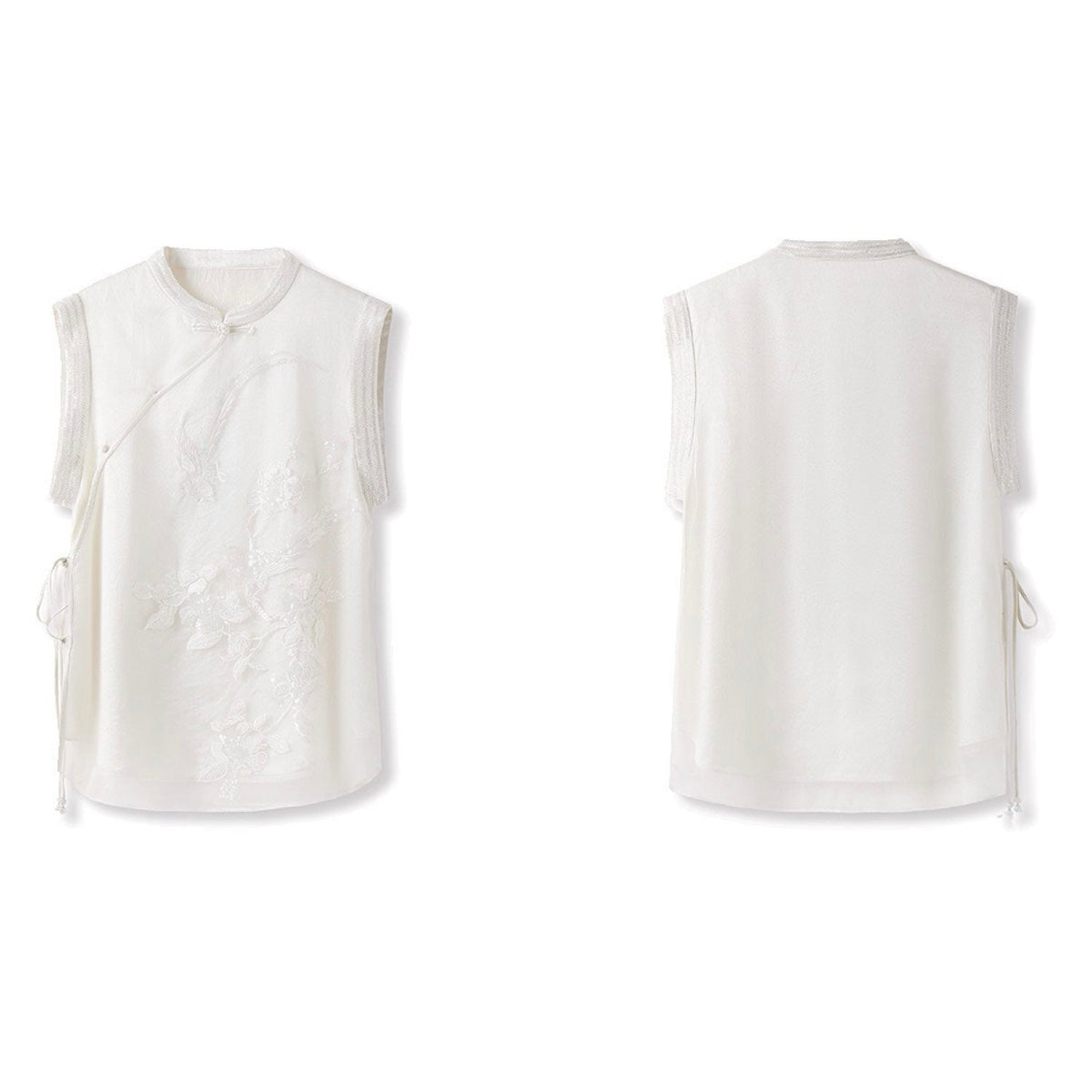 Embroidered White Mulberry Silk Floral Vest