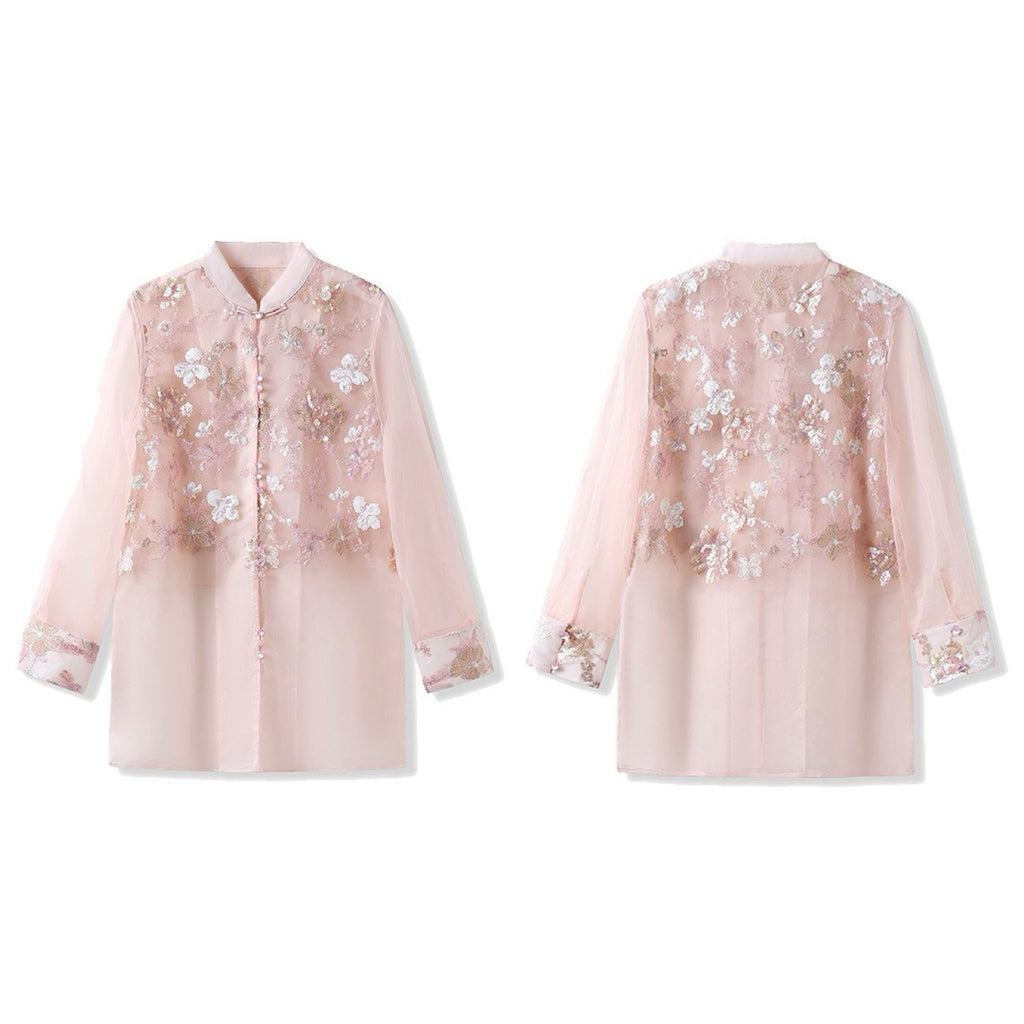 Embroidered Sheer Pink Floral Shirt