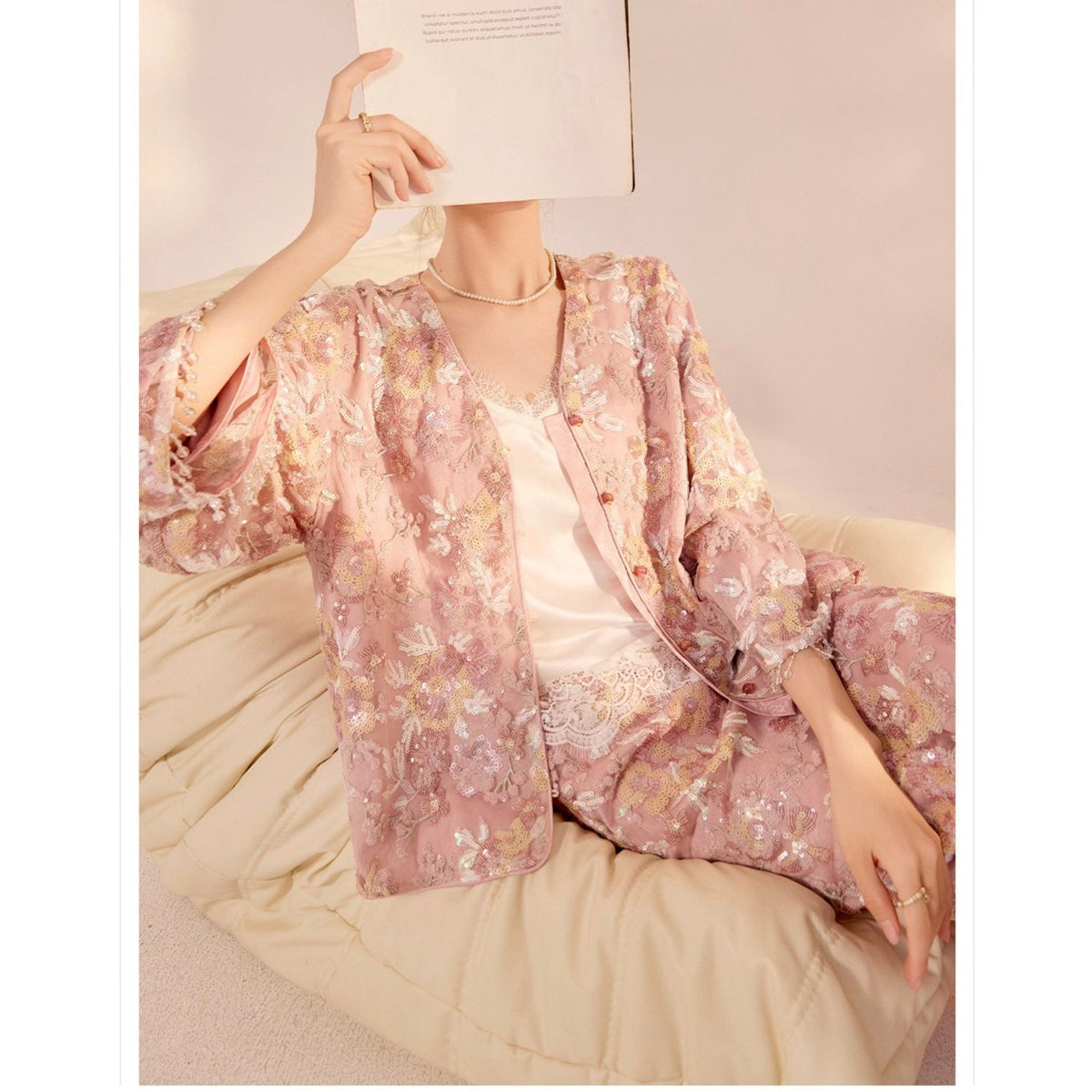 Embroidered Pink Flower Stylish Stitching Cardigan
