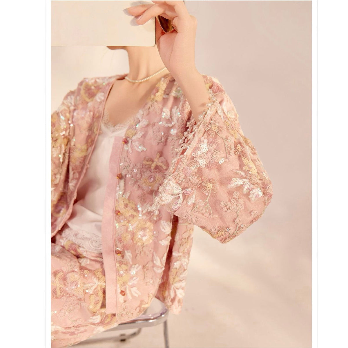 Embroidered Pink Flower Stylish Stitching Cardigan