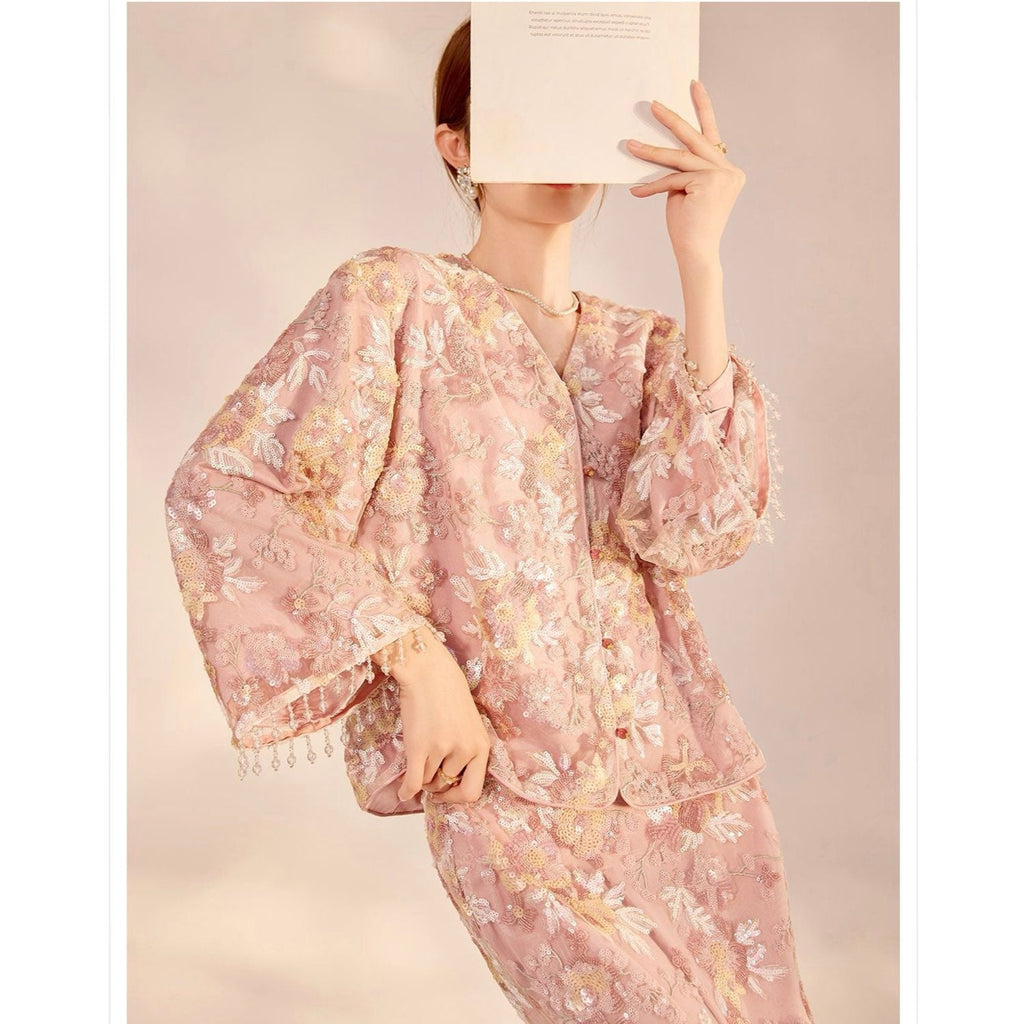 Embroidered Pink Flower Stylish Stitching Cardigan