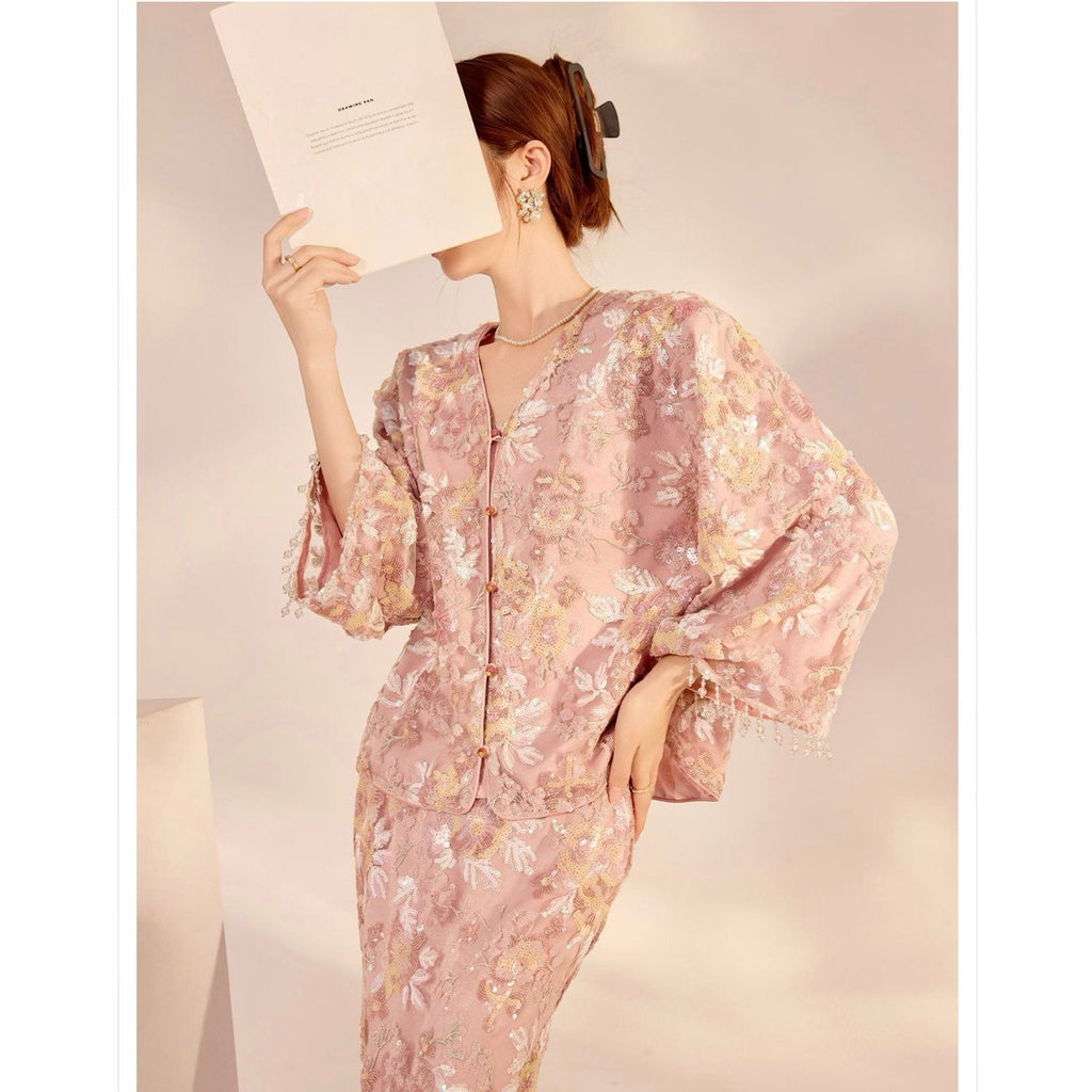 Embroidered Blush Pink Flowers Co Ord Set