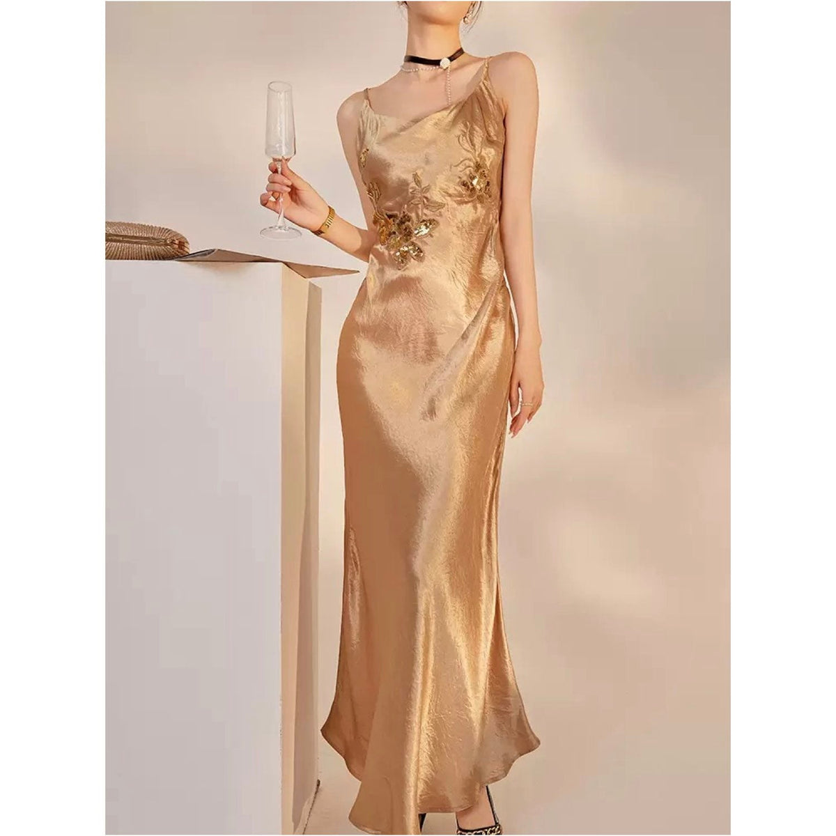 Embroidered  Champagne Golden Dress