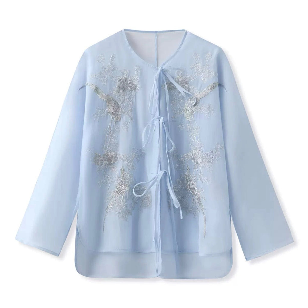 Embroidered Light Blue Solid Tie Floral Cardigan