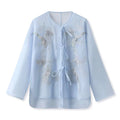 Embroidered Light Blue Solid Tie Floral Cardigan