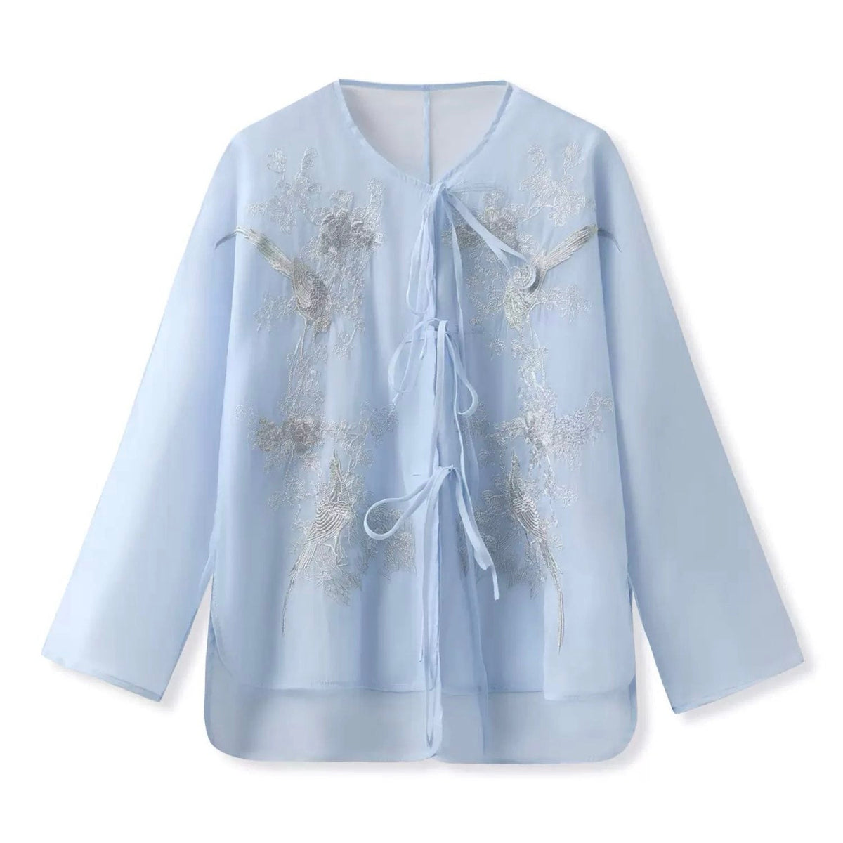 Embroidered Light Blue Solid Tie Floral Cardigan