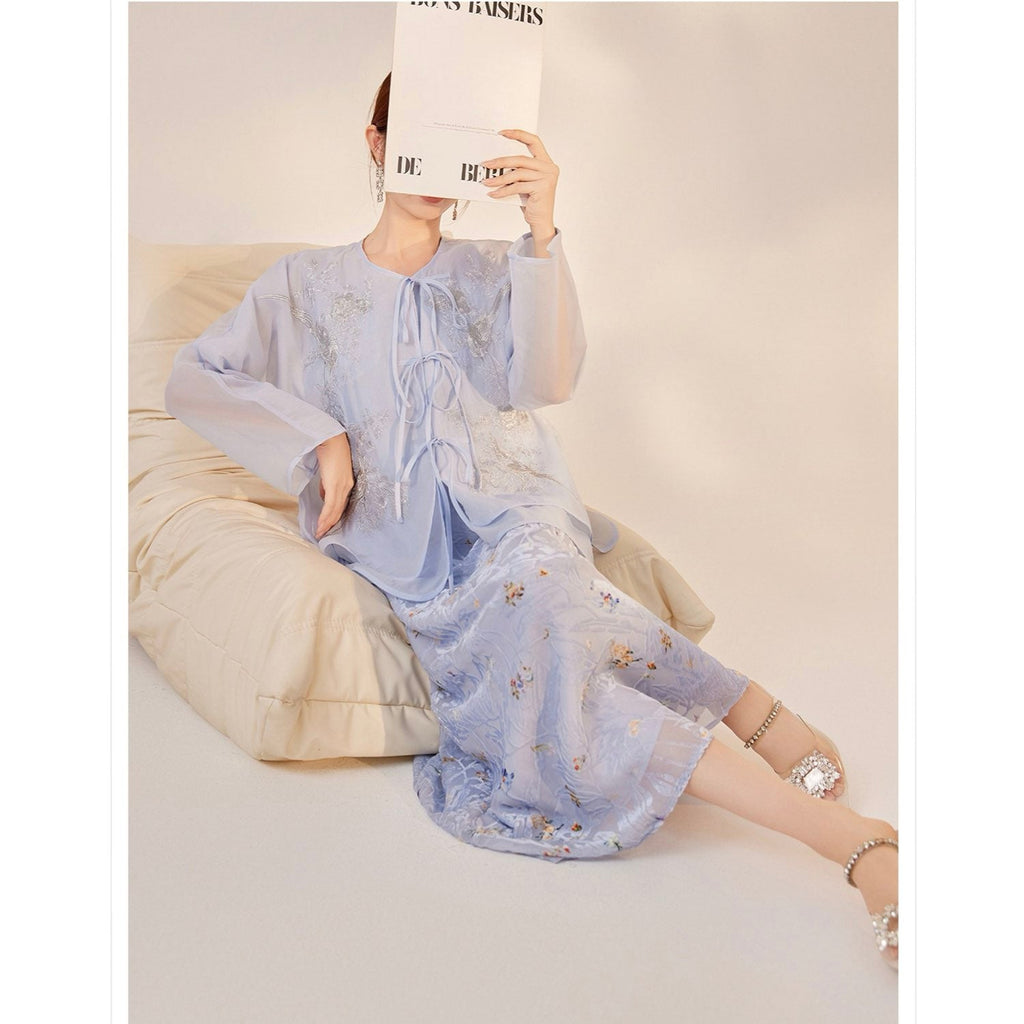 Embroidered Light Blue Solid Tie Floral Cardigan