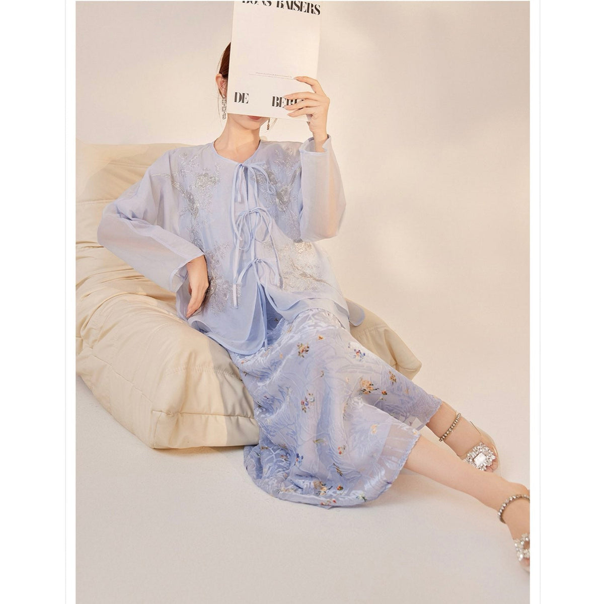 Embroidered Light Blue Solid Tie Floral Cardigan