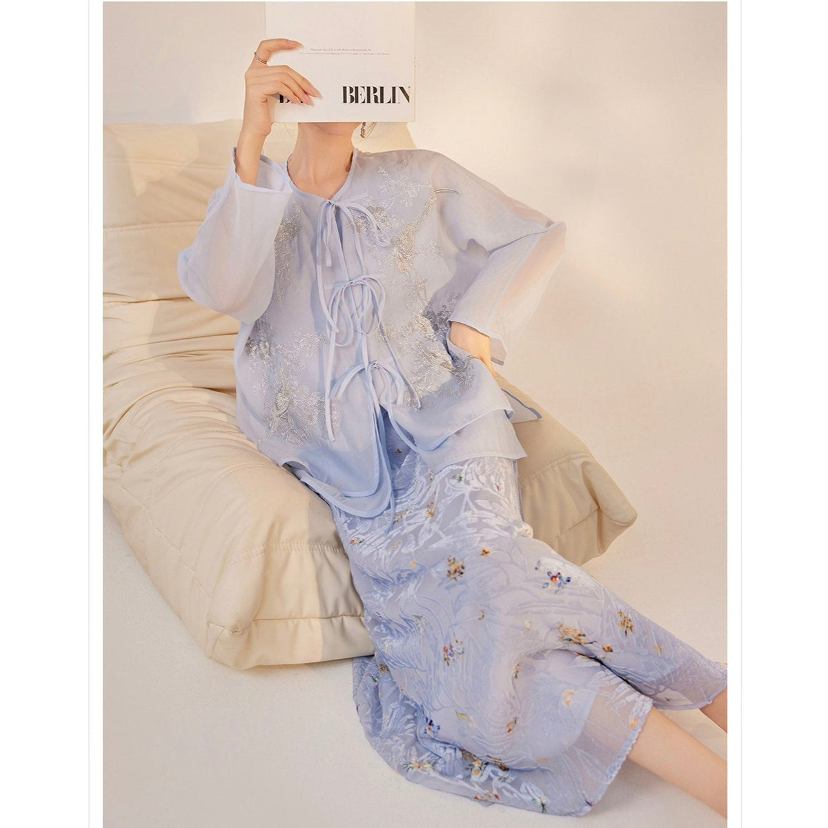 Embroidered Light Blue Solid Tie Floral Cardigan
