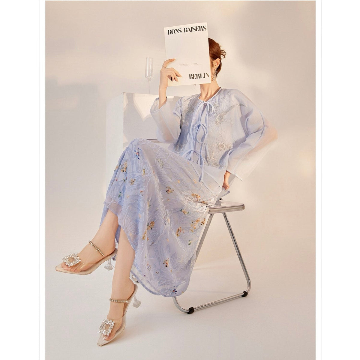 Embroidered Light Blue Solid Tie Floral Cardigan