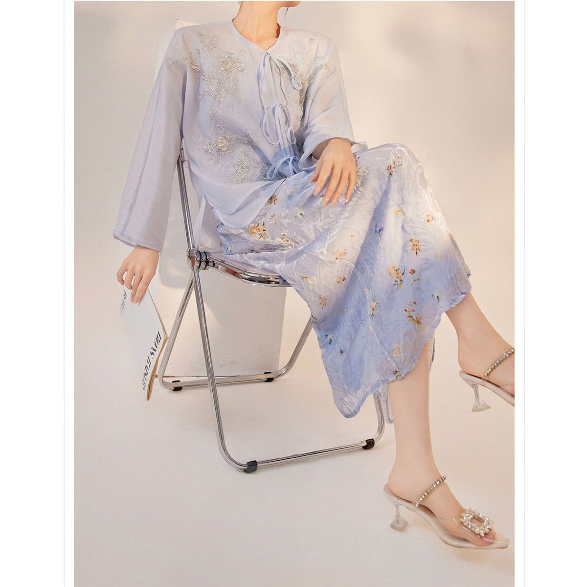 Embroidered Light Blue Solid Tie Floral Cardigan
