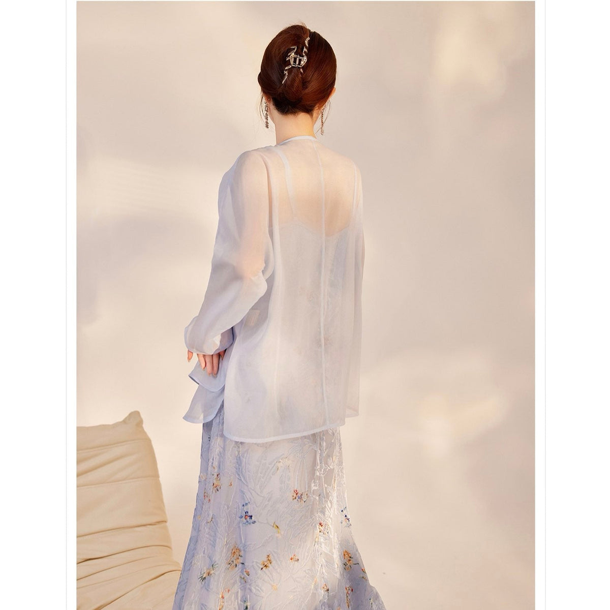 Embroidered Light Blue Solid Tie Floral Cardigan