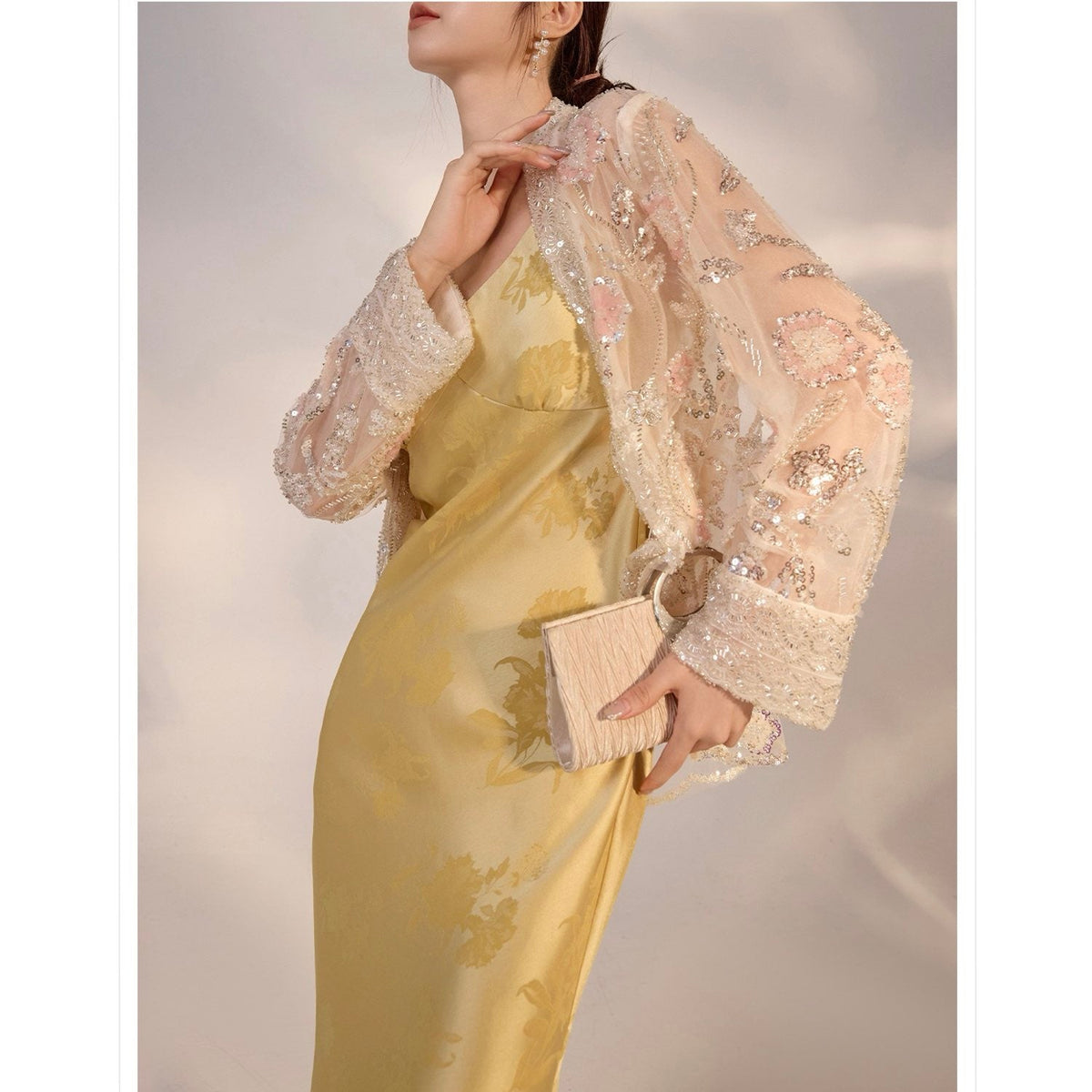 Embroidered White and Beige Floral Cardigan
