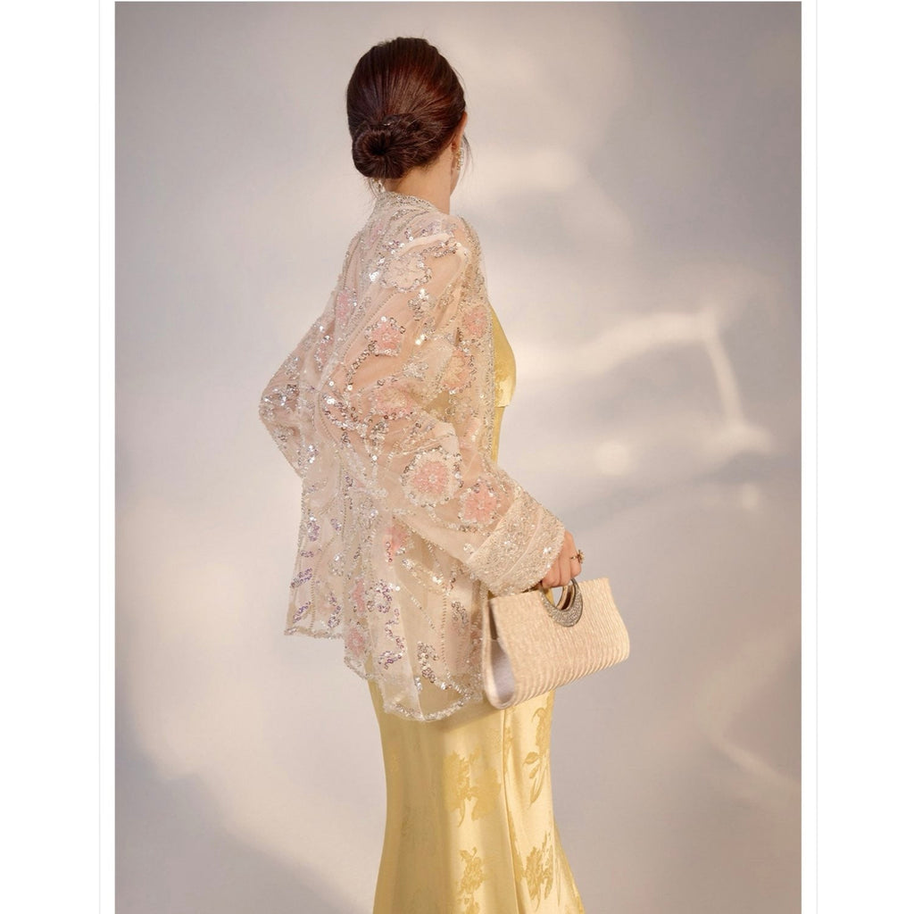 Embroidered White and Beige Floral Cardigan