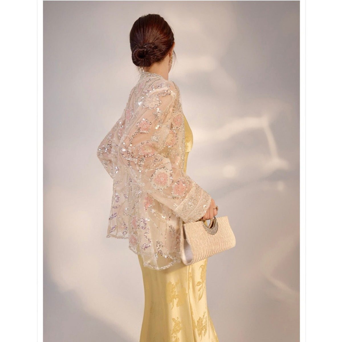 Embroidered White and Beige Floral Cardigan