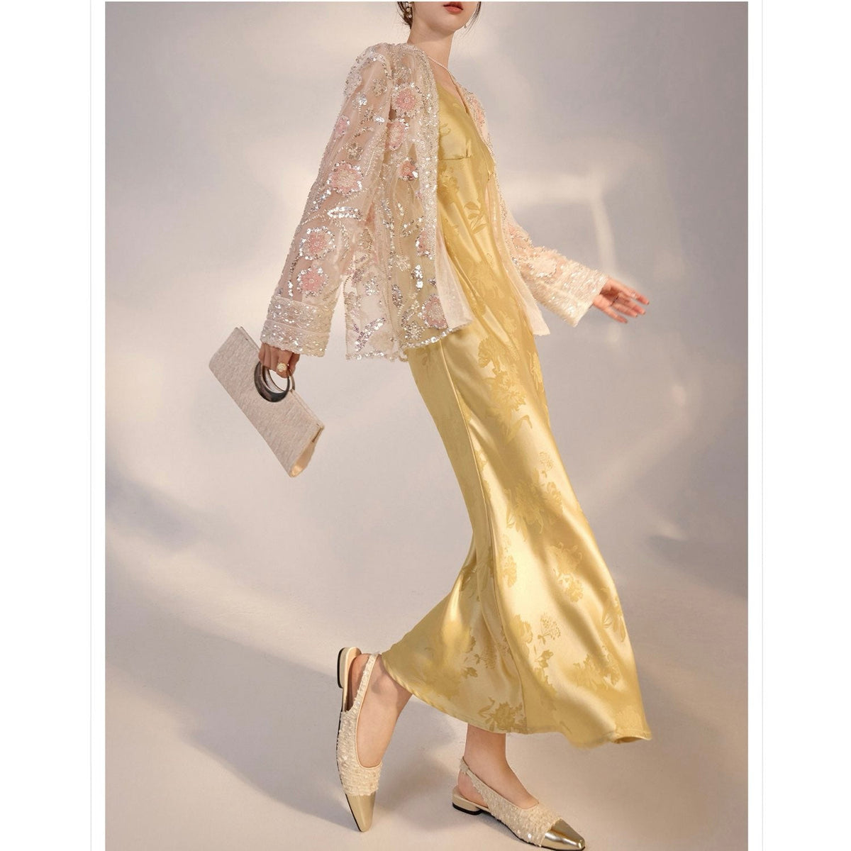 Embroidered White and Beige Floral Cardigan