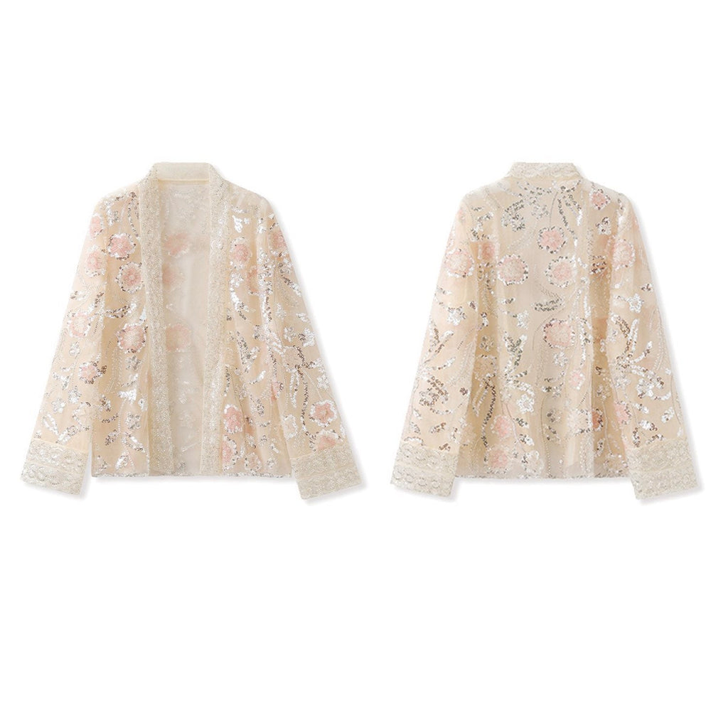 Embroidered White and Beige Floral Cardigan