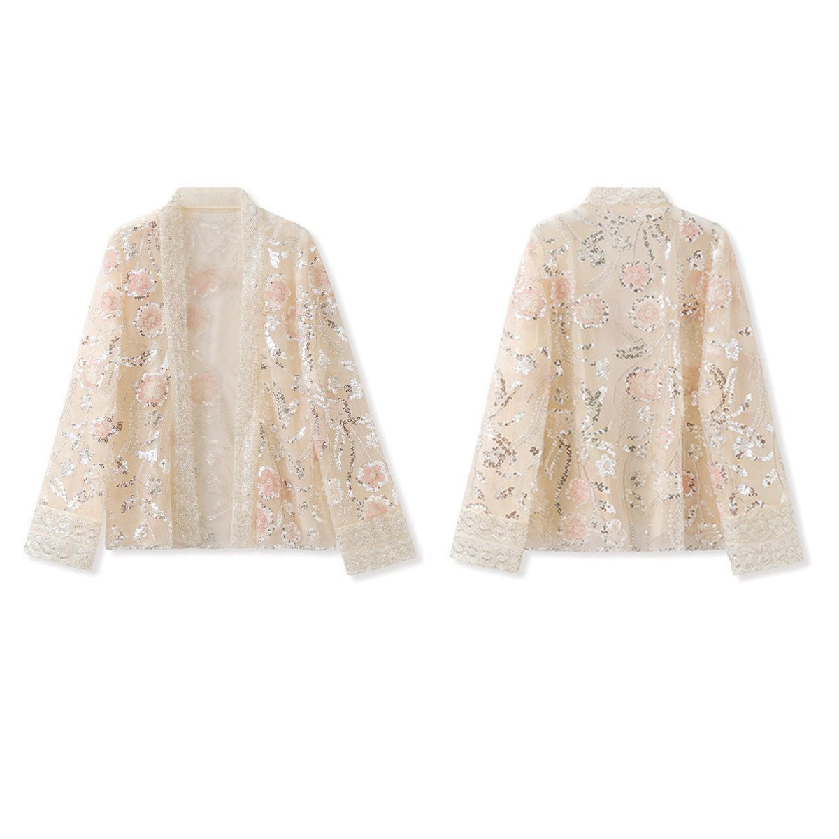 Embroidered White and Beige Floral Cardigan