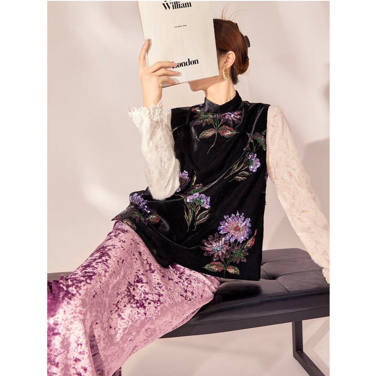 Embroidered Vast Top Black Jacket Stylish Stitching Purple Flowers