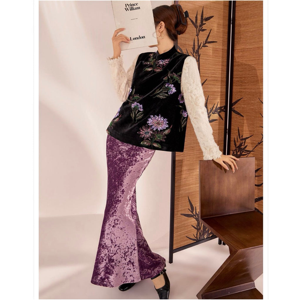Embroidered Vast Top Black Jacket Stylish Stitching Purple Flowers