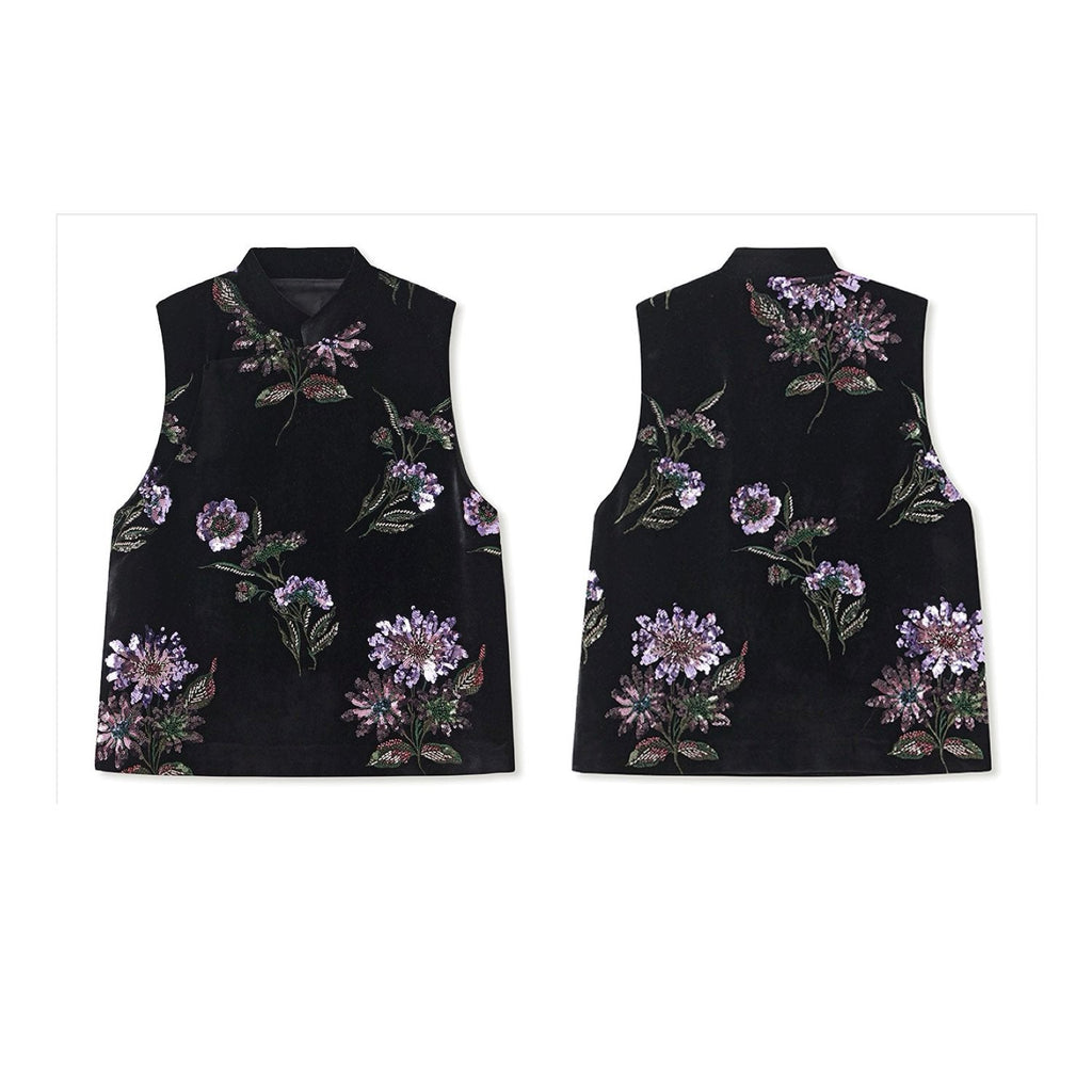 Embroidered Vast Top Black Jacket Stylish Stitching Purple Flowers