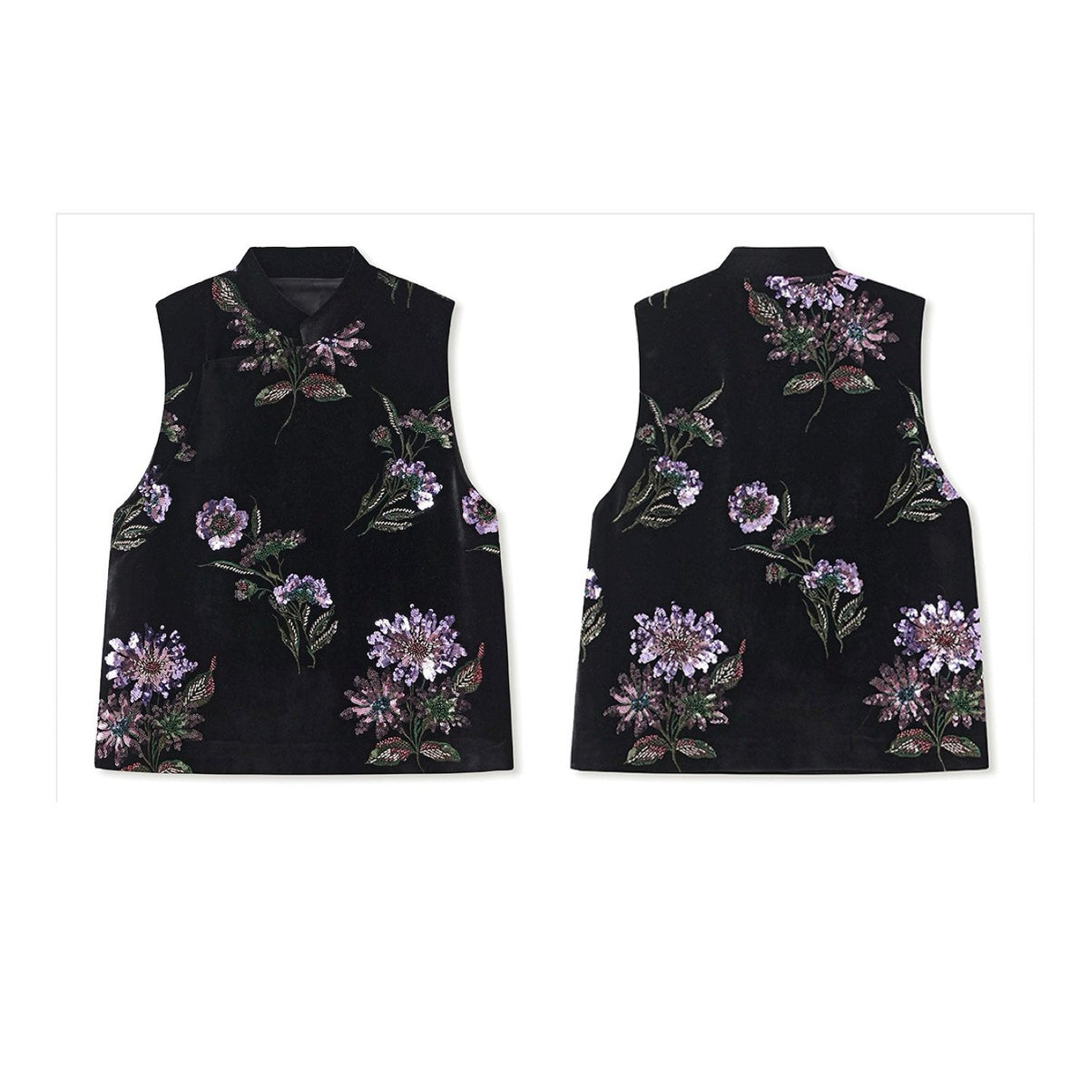 Embroidered Vast Top Black Jacket Stylish Stitching Purple Flowers