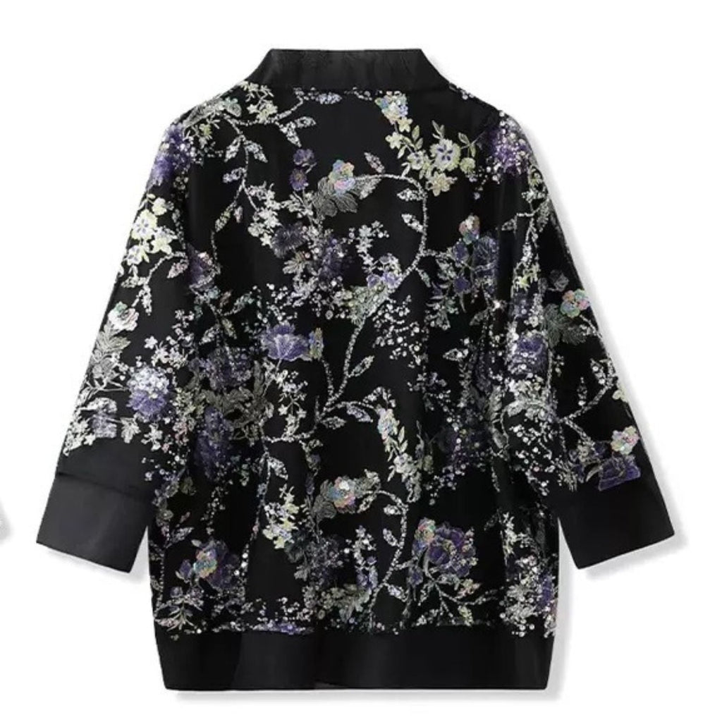 Embroidery Flowers Black Cardigan Top
