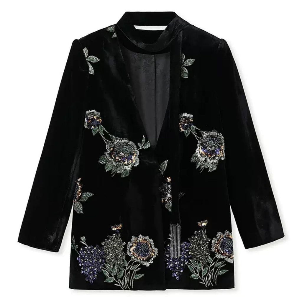 Embroidery Flowers Black Mulberry Silk Velvet Jacket Suit Top