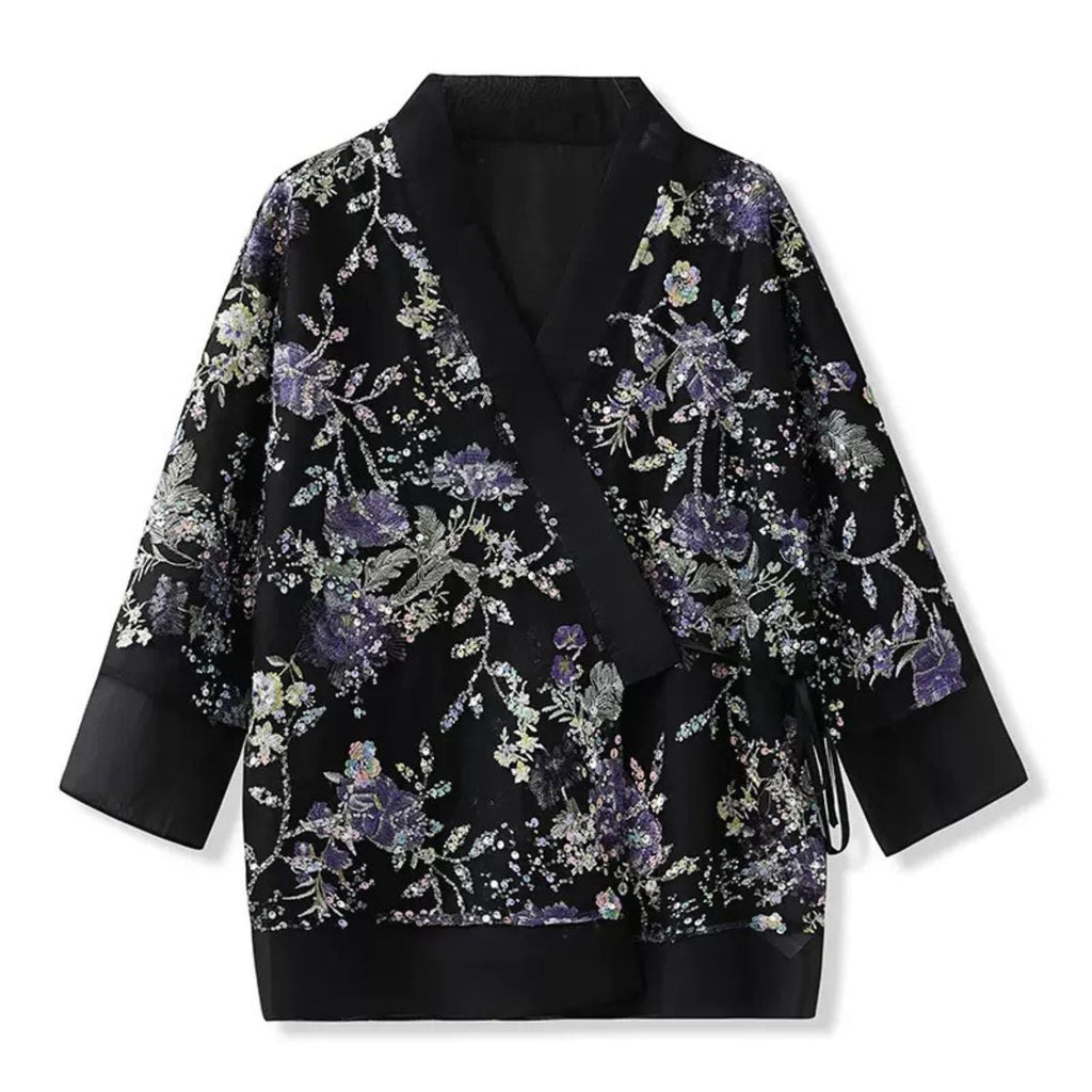 Embroidery Flowers Black Cardigan Top