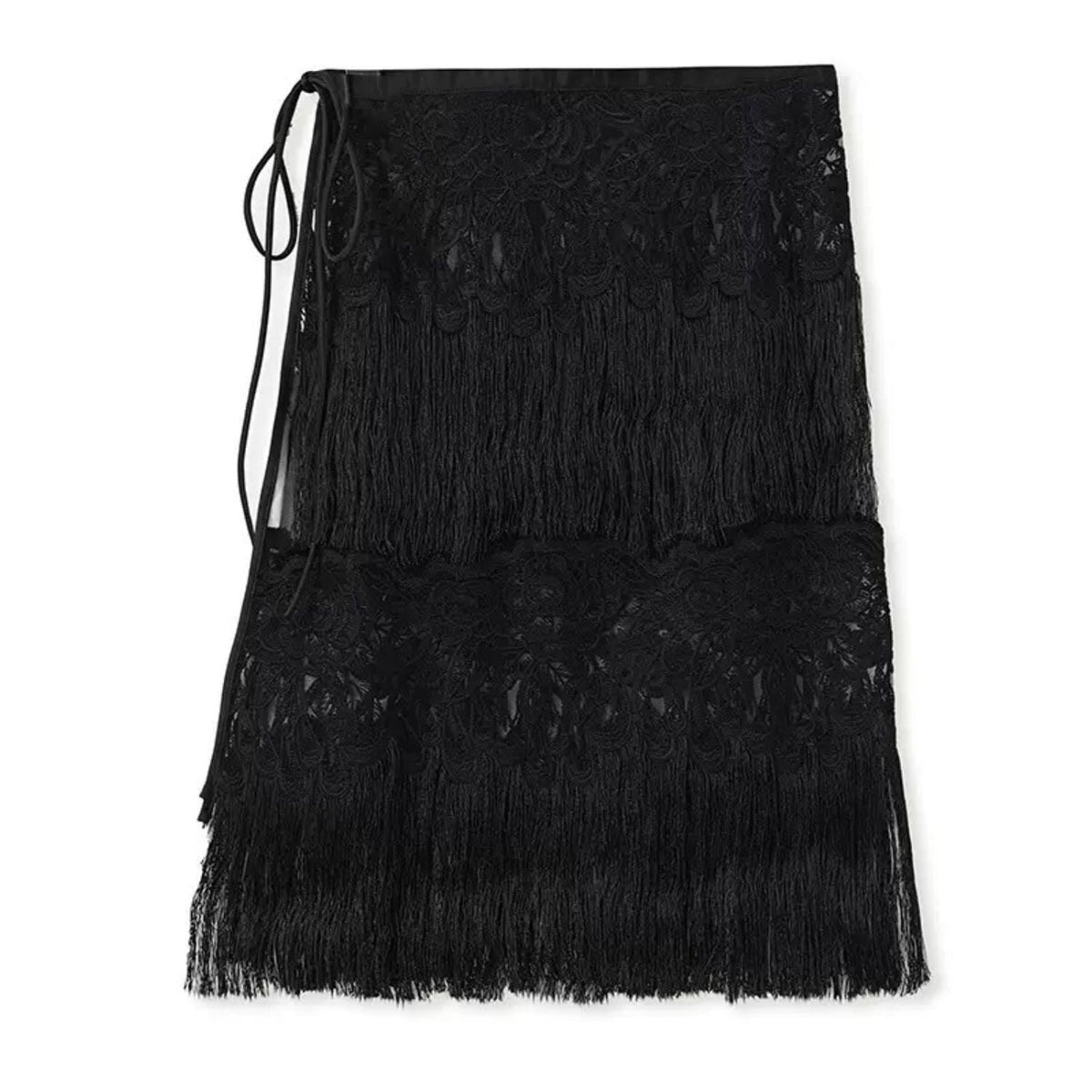 Poetic Embroidery Black  Tassel Outer Layer Floral Patchwork Knee-Length Short Skirt