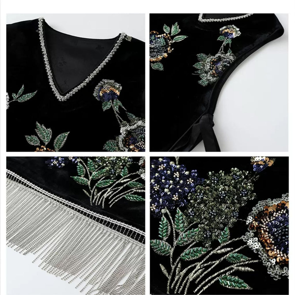 Embroidery Flowers Black Velvet Vest Pullover