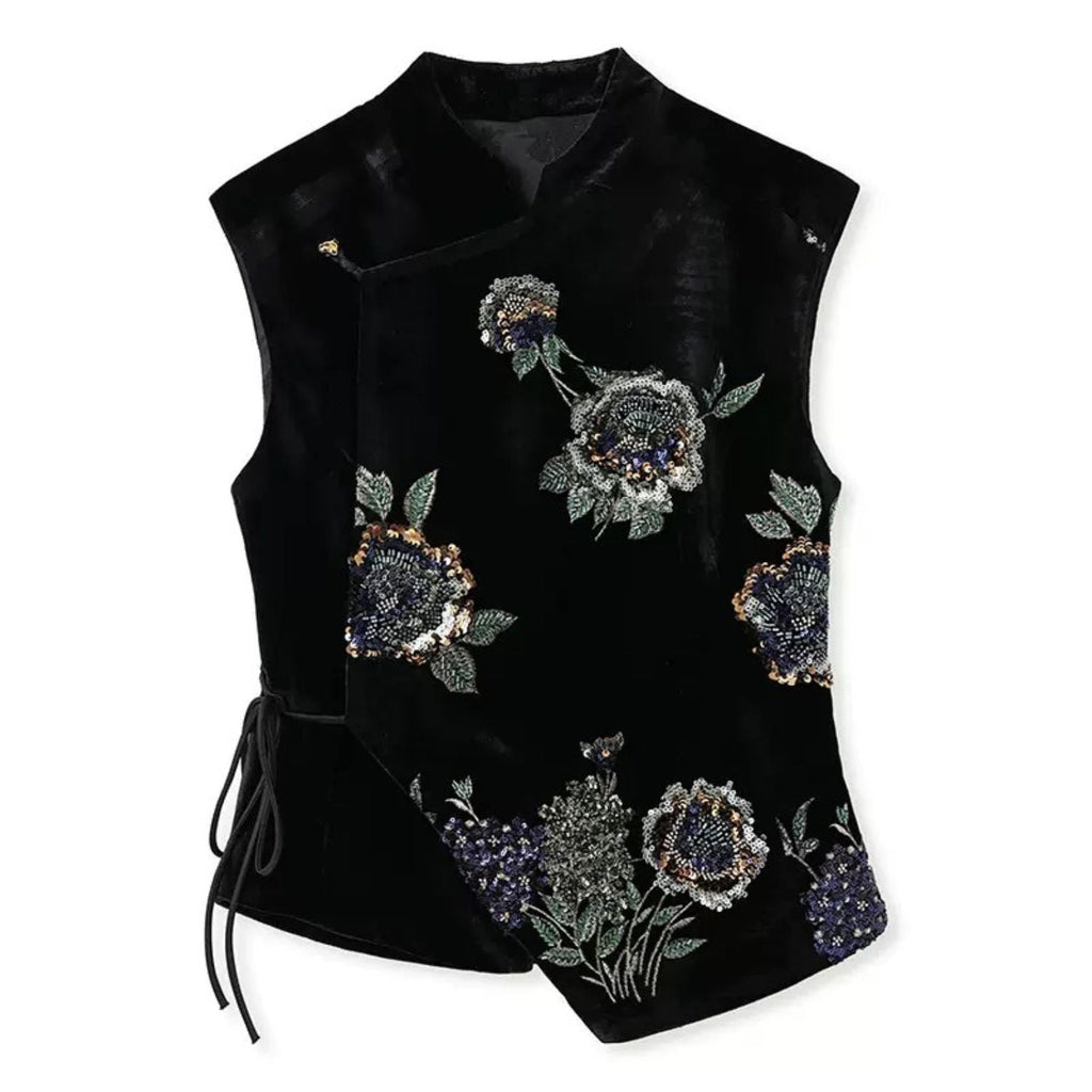Embroidery Flowers Black Velvet Fitted Vest Cardigan