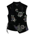 Embroidery Flowers Black Velvet Fitted Vest Cardigan